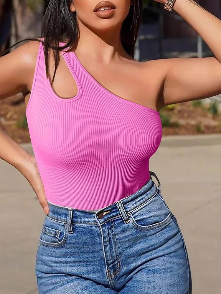 Women's Yoga Bodysuit Sleeveless Solid Color Sexy Fitness Workout Breathable One Shoulder Sport Tight Jumpsuit - Empire P.E