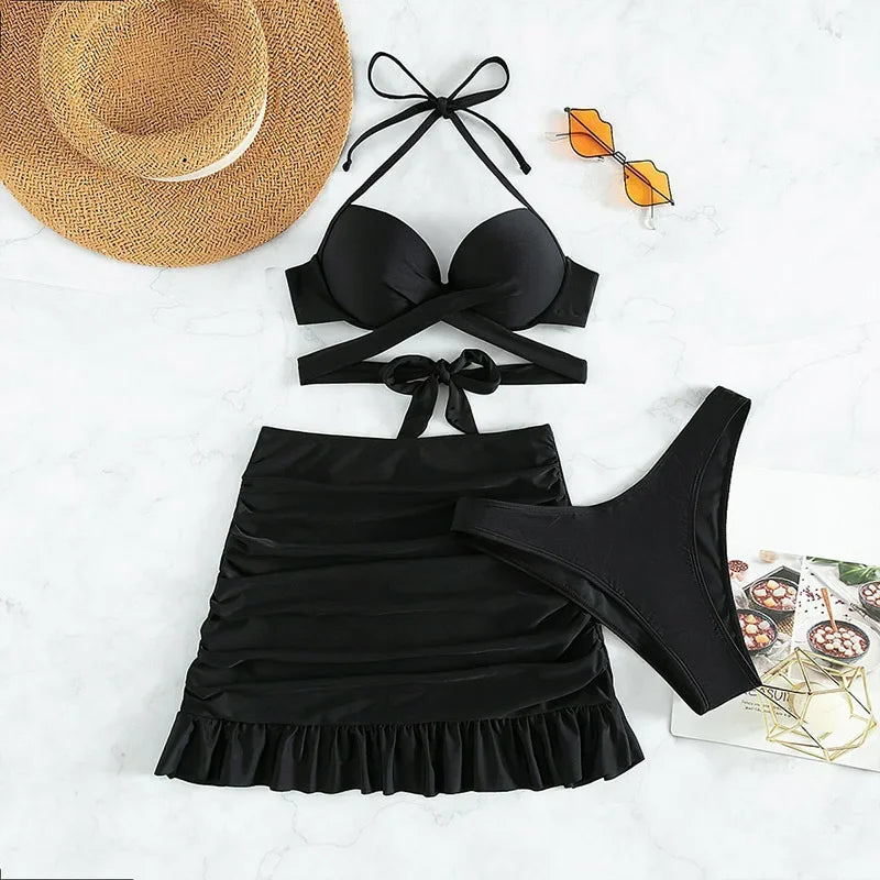 Cikini-Solid Bikini Set 3 Piece Bathing Suit