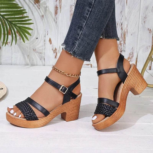 Lucyever Braided High Heels Sandals Women 2025 Summer Pu Leather Platform Gladiator Shoes Woman Ankle Buckle Thick Heel Sandles - Empire P.E