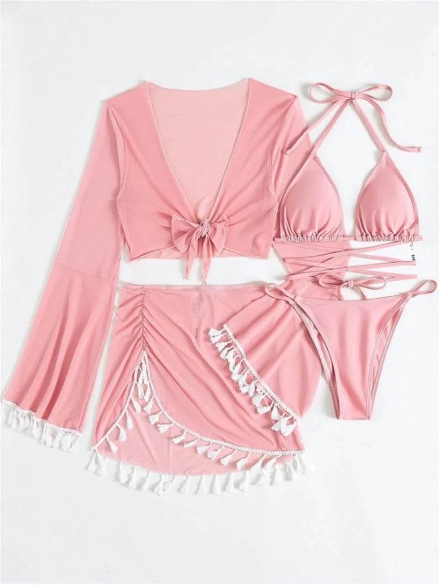 Sexy 4 Pieces Halter Bikinis Women Solid Swimwear Female Cover Up Swimsuit Long Sleeve And Skirt Bathing Suit Beachwear Summer - Empire P.E