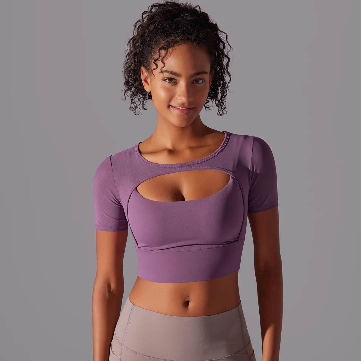 Solid Color Yoga Short Sleeve Sexy Double Layer Yoga Tank Top Spliced Mesh Yoga Clothing Top Fitness Running Sports Bra Women - Empire P.E