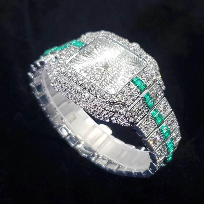 Luxury Full Diamond Watch for Men Fashion Green Iced Out Bling Square Watches Hip Hop Rap Jewelry Relogio Masculino Dropshipping - Empire P.E