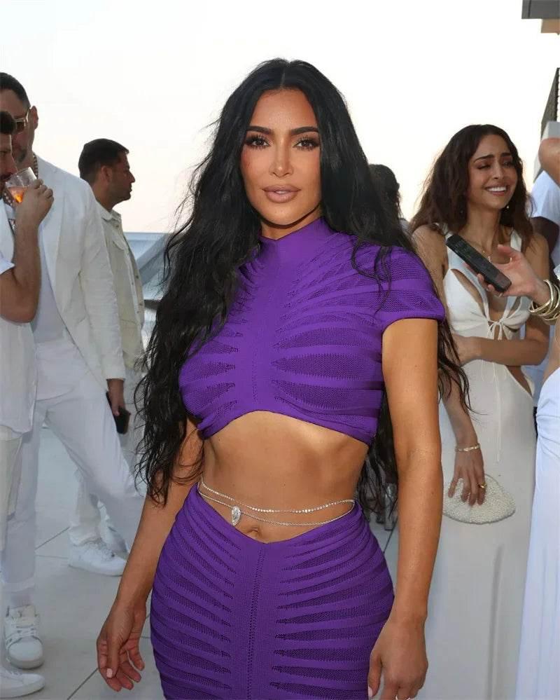 Sexy Knitted Striped 2 Piece Sets Women Outfit Y2K Clothes Birthday Sheer Crop Top and Long Skirt Set Elegant Night Club Outfits - Empire P.E
