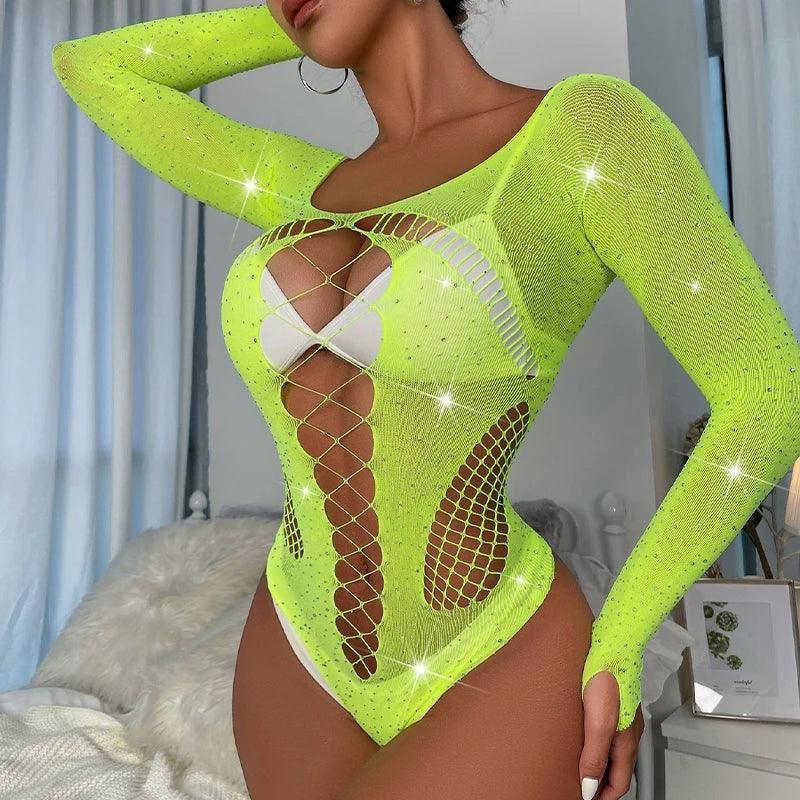 Women Sexy Lingerie Shiny Rhinestones Fishnets Bodysuit - Empire P.E
