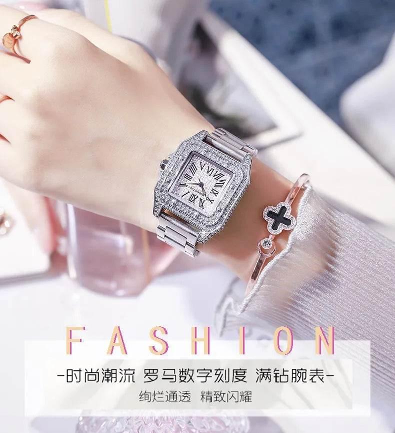 Ladies Dial Quartz Wristwatches Dress Clock Large square diamond-encrusted dial steel belt living waterproof quartz watch - Empire P.E