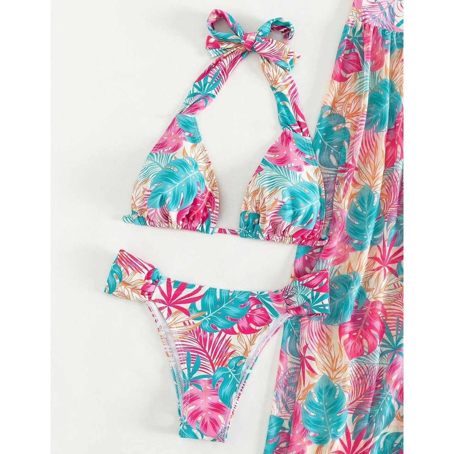 Summer Women Swimwear Leaf Print Tie Up Halter Bathing Suit Tops Shorts Split Beach Cover Up Skirt Female 3pcs Swimsuit Set - Empire P.E