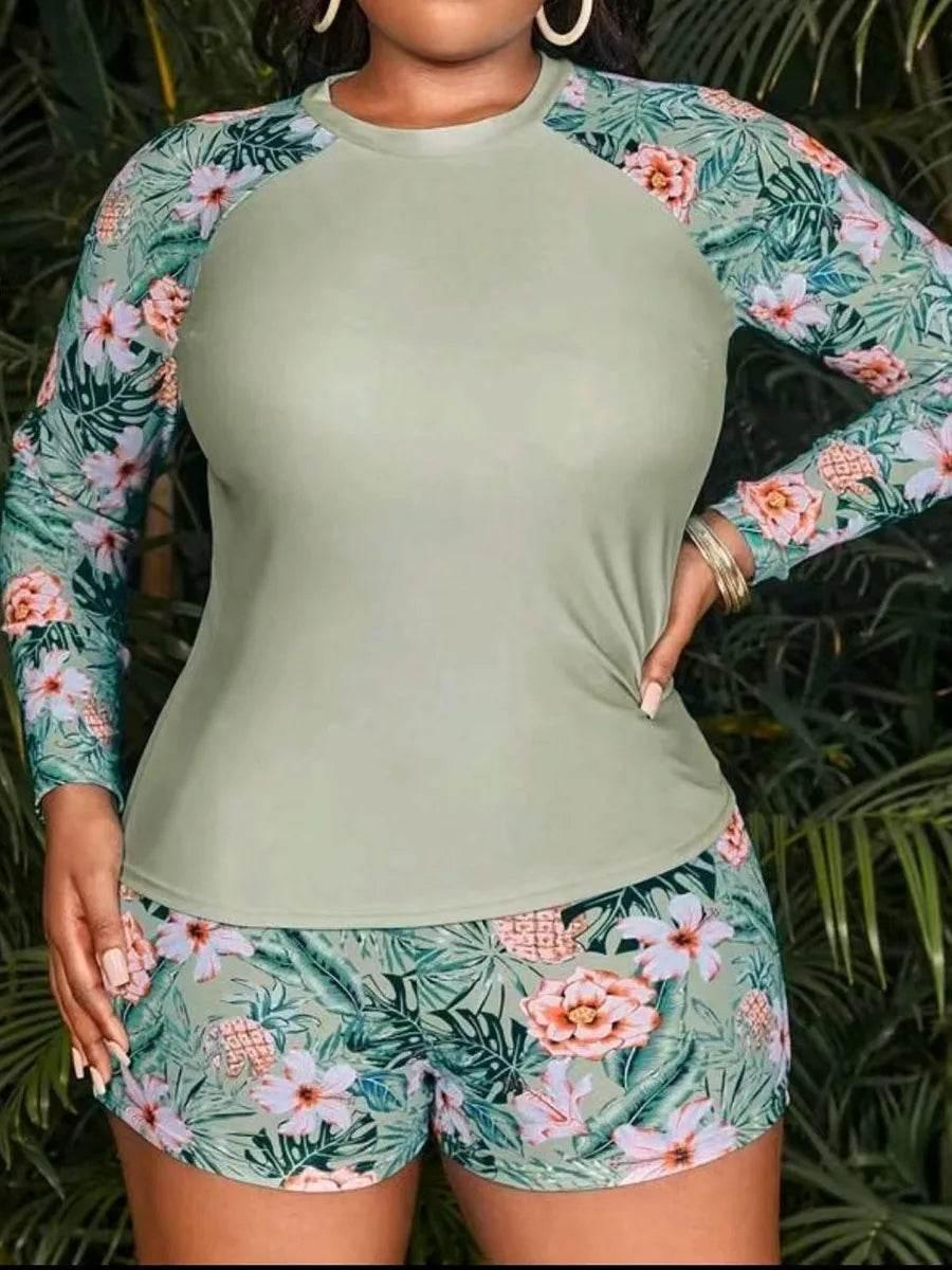 2025 Tropical Long Sleeve Swimsuit Women Plus Large Size Swimwear XL-4XL - Empire P.E