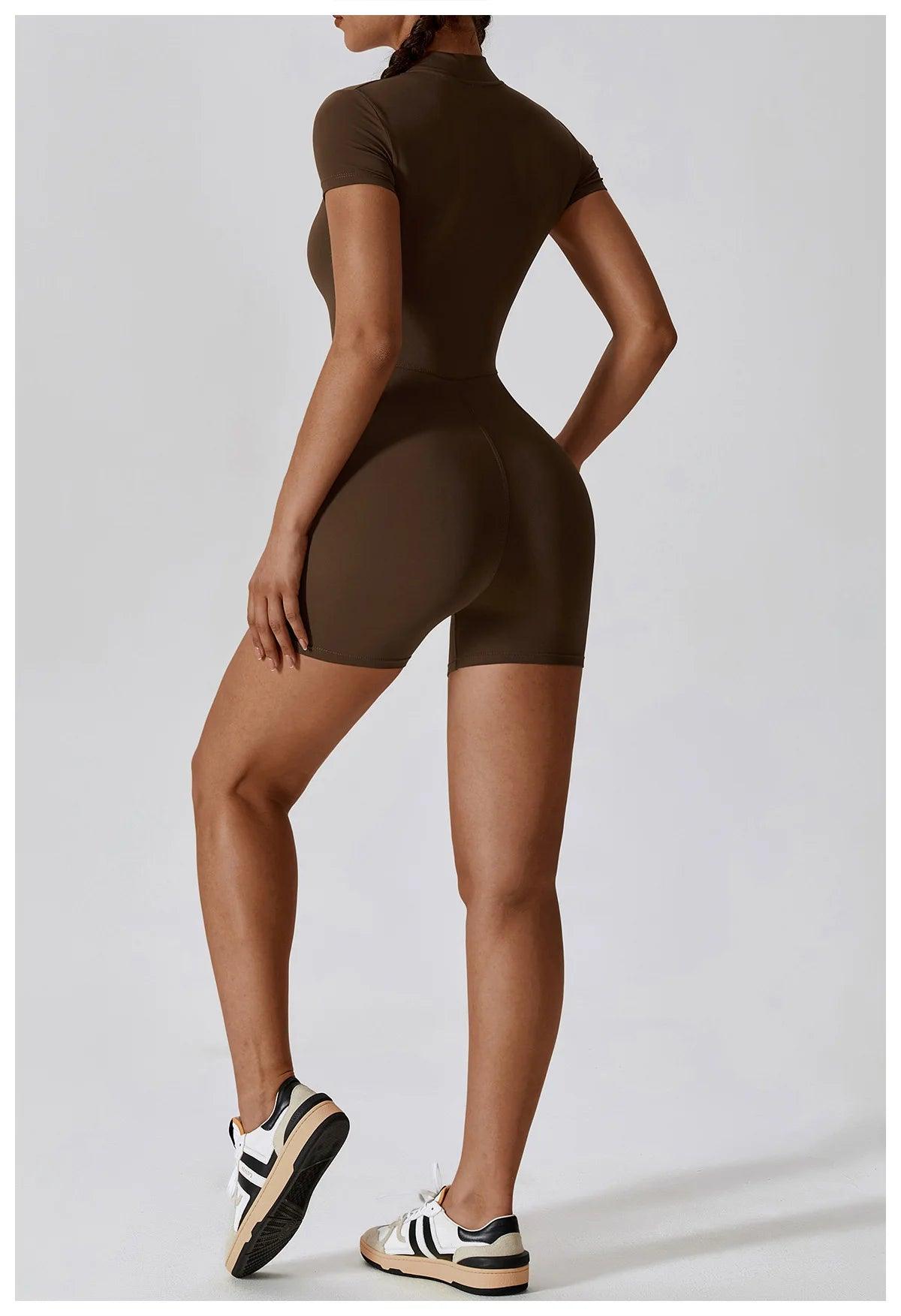 Yoga Set Women's One-Piece Suit Zipper Short Sleeve Gym Push Up Workout Clothes Fitness Short Bodysuit Sportswear Jumpsuits - Empire P.E