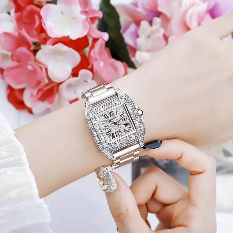 Ladies Dial Quartz Wristwatches Dress Clock Large square diamond-encrusted dial steel belt living waterproof quartz watch - Empire P.E