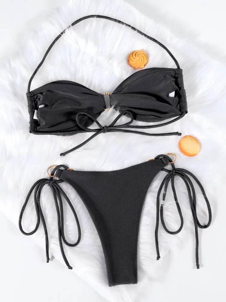Solid Color Bikinis Push Up Swimwear Women Halter Bikini Set - Empire P.E