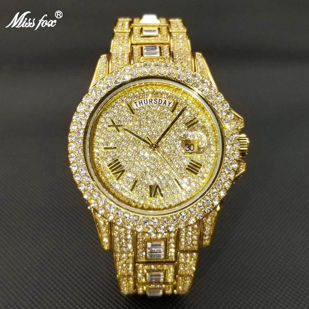 Luxury Shiny Diamond Watch For Men Hip Hop Trendy Iced Out Quartz Watches High Quality Stainless Steel Waterproof Day Date Clock - Empire P.E