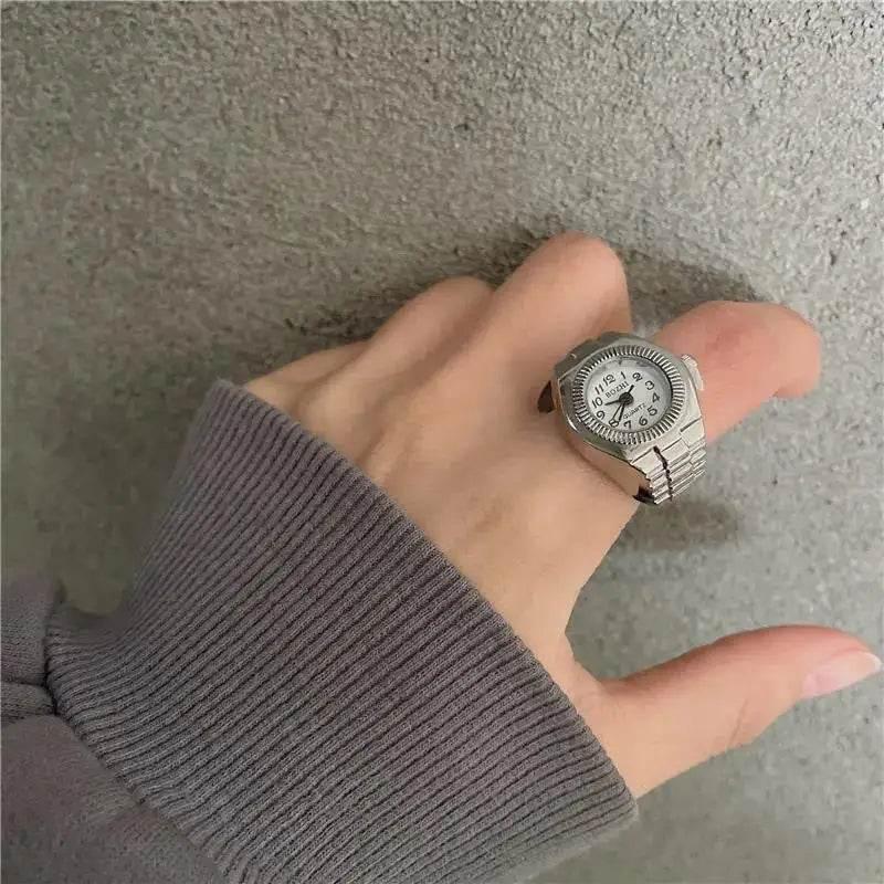 Vintage Punk Finger Watch Mini Elastic Strap Alloy Watches Couple Rings Jewelry Clock Retro Roman Quartz Watch Rings Women Men - Empire P.E