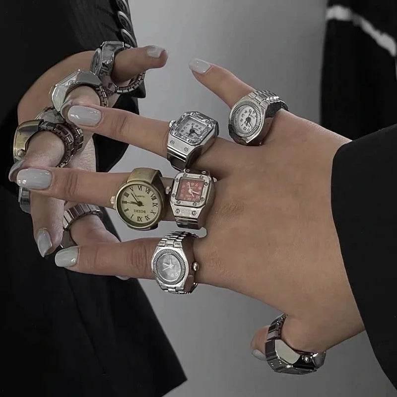 Vintage Punk Finger Watch Mini Elastic Strap Alloy Watches Couple Rings Jewelry Clock Retro Roman Quartz Watch Rings Women Men - Empire P.E