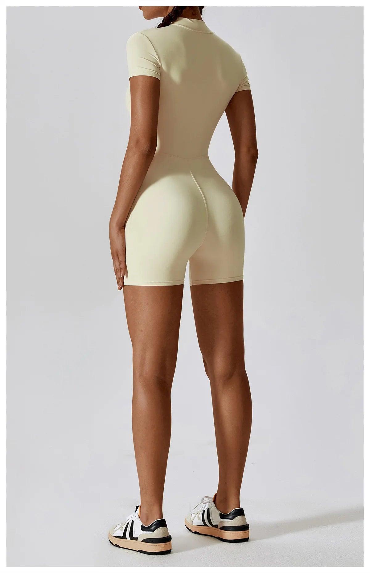 Yoga Set Women's One-Piece Suit Zipper Short Sleeve Gym Push Up Workout Clothes Fitness Short Bodysuit Sportswear Jumpsuits - Empire P.E