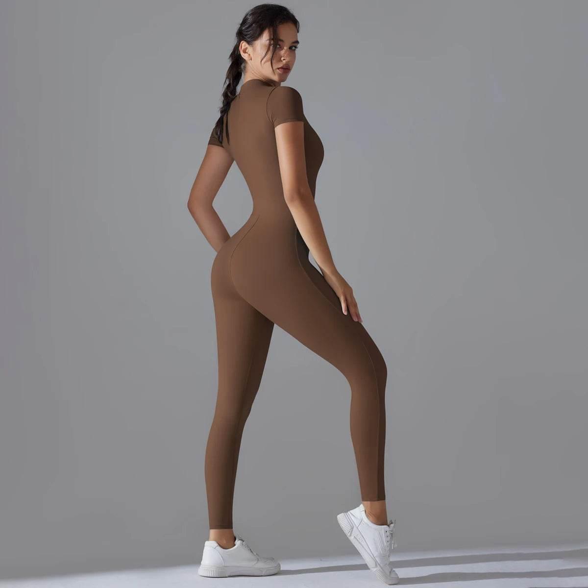 Yoga Set Women's Jumpsuits One-Piece Suit Zipper Short Sleeve Gym Push Up Workout Clothes Fitness Bodysuit Sportswear Tracksuit - Empire P.E