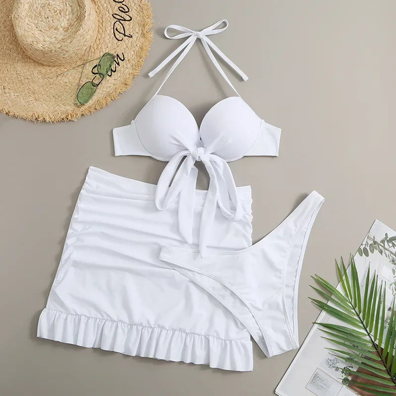 Cikini-Solid Bikini Set 3 Piece Bathing Suit