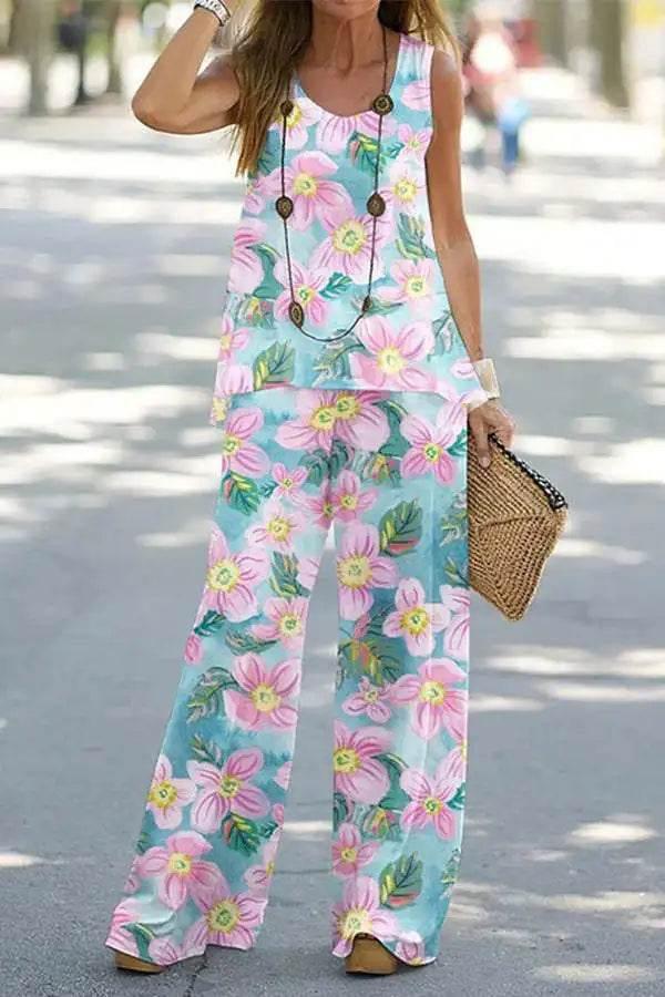 2023 Women 2 Piece Outfits Boho Casual Printed Vest Sleeveless Top Loose Wide Leg Pants Trousers Two Piece Set Elegant Suit - Empire P.E