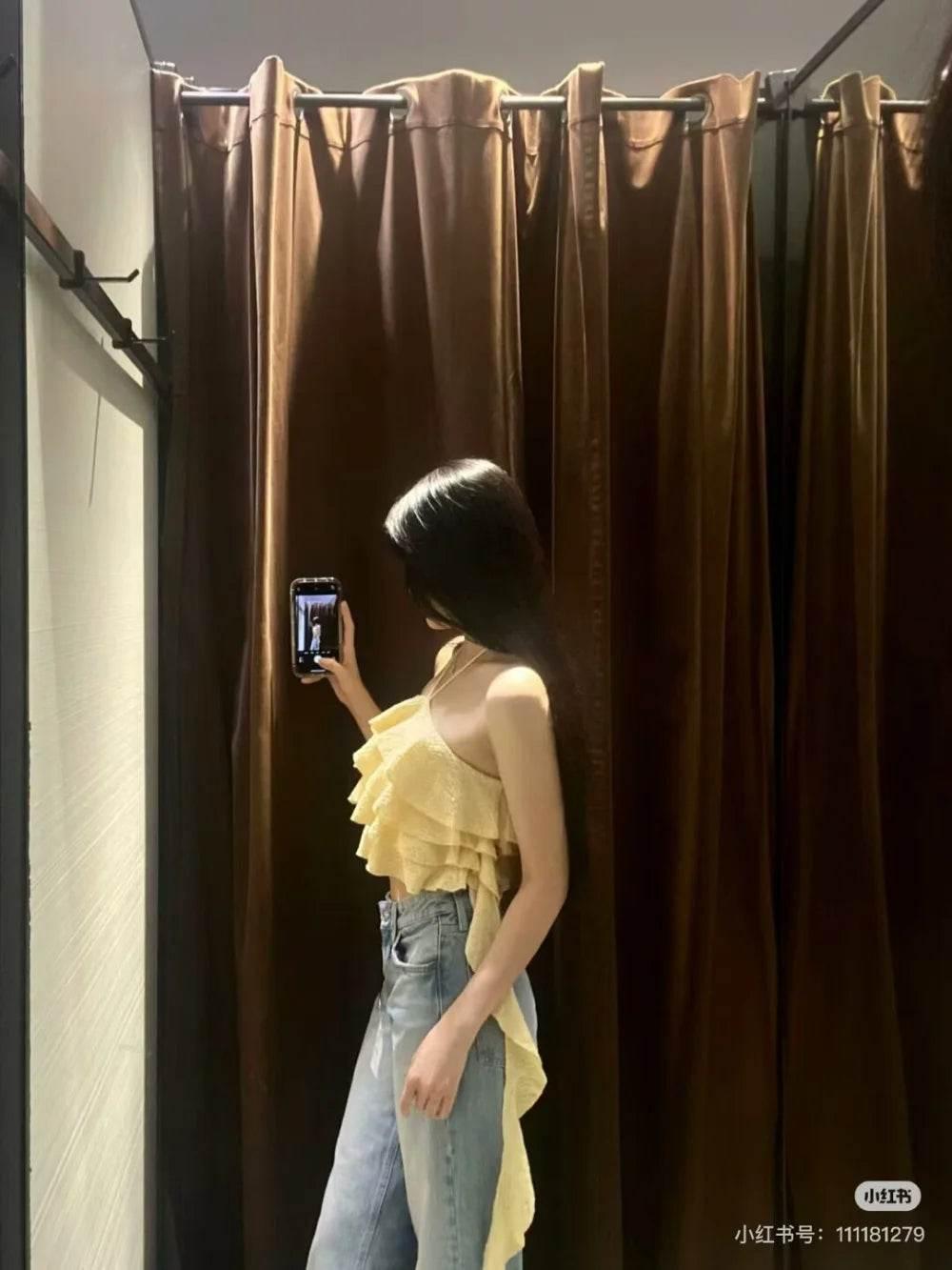 Textured halter crop top with ruffles Women's short yellow sleeveless top with sexy streamers for summer 2024 traf - Empire P.E
