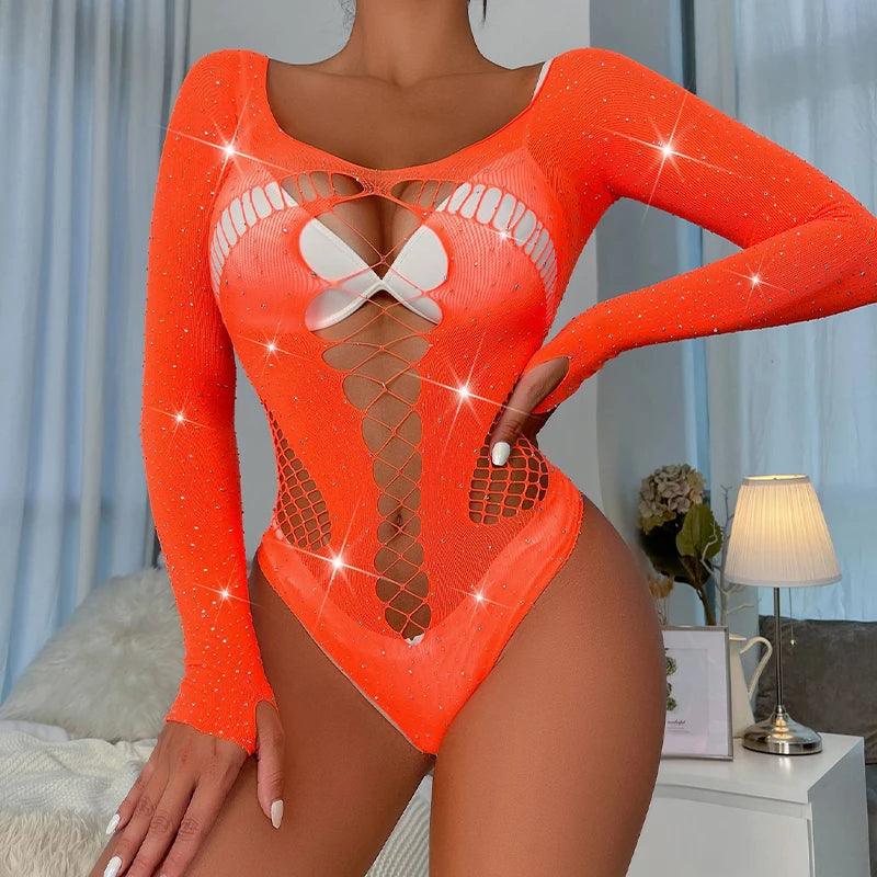 Women Sexy Lingerie Shiny Rhinestones Fishnets Bodysuit - Empire P.E