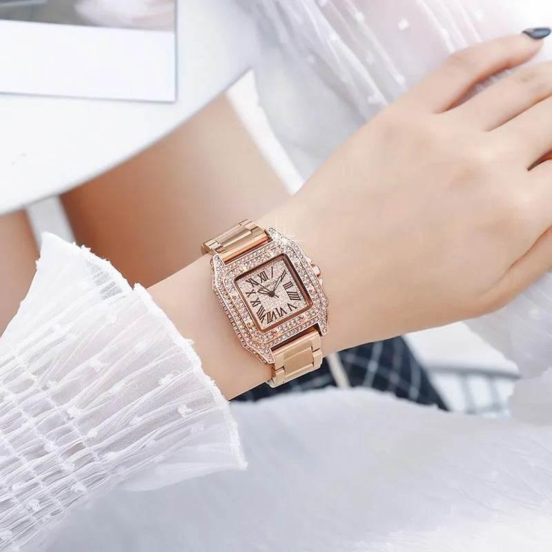 Ladies Dial Quartz Wristwatches Dress Clock Large square diamond-encrusted dial steel belt living waterproof quartz watch - Empire P.E