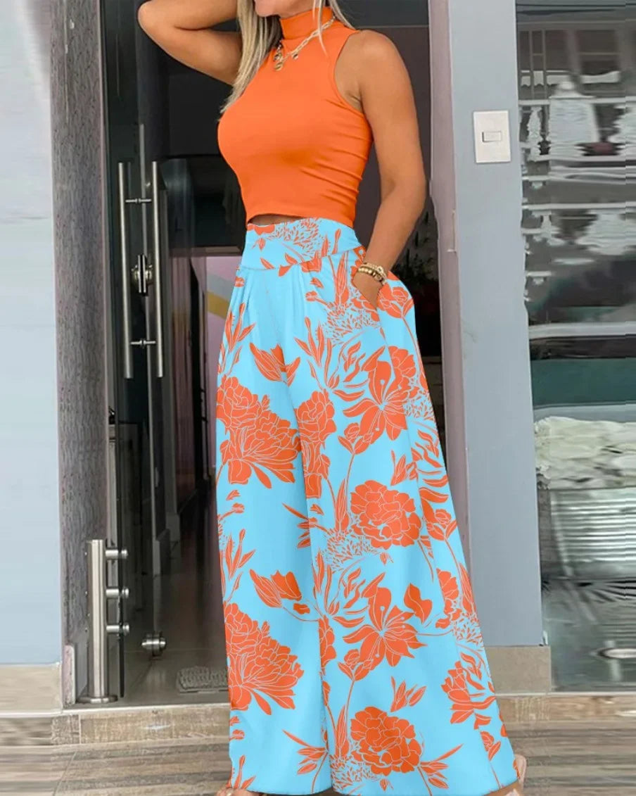 Fashionable Printed Wide-leg Trousers Two-piece Suit - Empire P.E