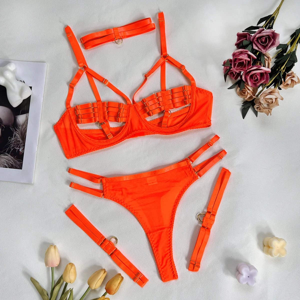 Yimunancy 4-Piece Bandage Erotic Set Women Choker Cut Out Solid Vintage Purple Sexy Lingerie Set Breif Kit - Empire P.E
