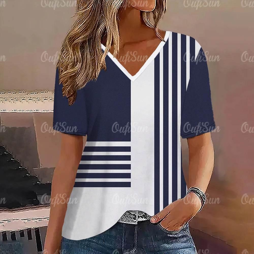 Women's T-Shirt Summer Stripe Short Sleeve Tee Shirt Fashion Blue V-Neck Female Clothing Casual New T-Shirt for Women Pullover - Empire P.E