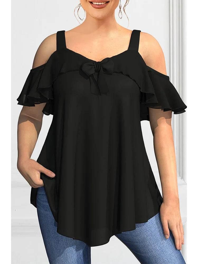 Plus Size Blouse for Women Elegant Cold Shoulder Shirt Ruffles Tops Tee Loose Fit Solid Color Top Blusas Para Mujer 0XL-5XL - Empire P.E