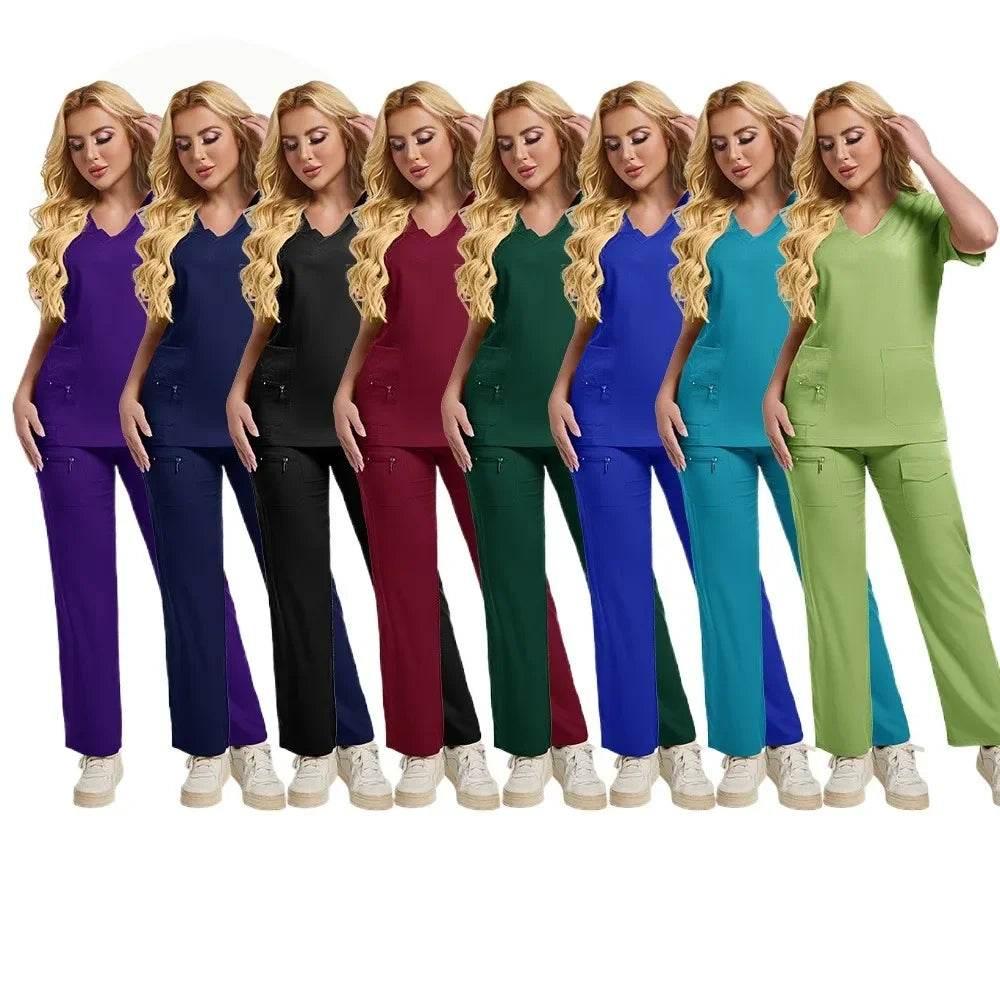 Workwear Nursing Women Scrubs Pants Elastic Wholesale Working Uniform Women Short Sleeve Neck Tops Dental Hospital Scrubs Suits - Empire P.E