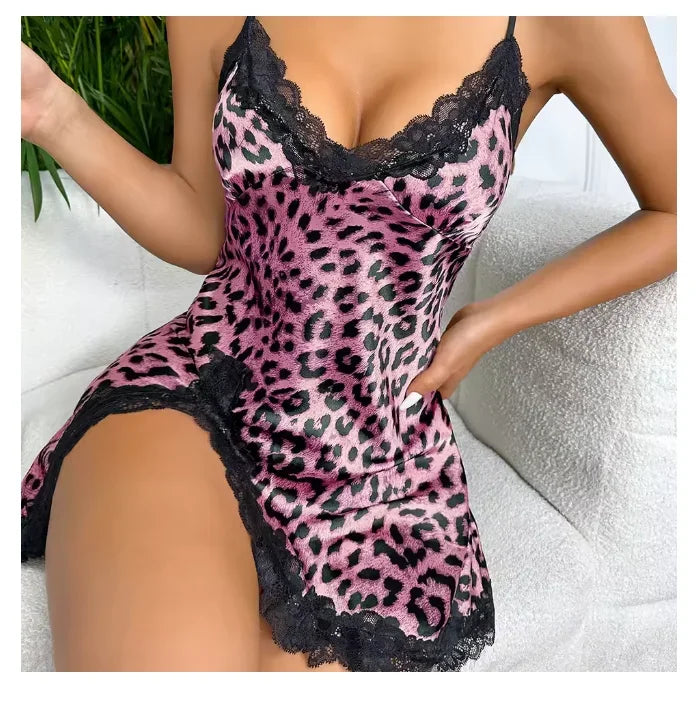 Lace Trim Leopard Nightdress V Neck Backless - Empire P.E