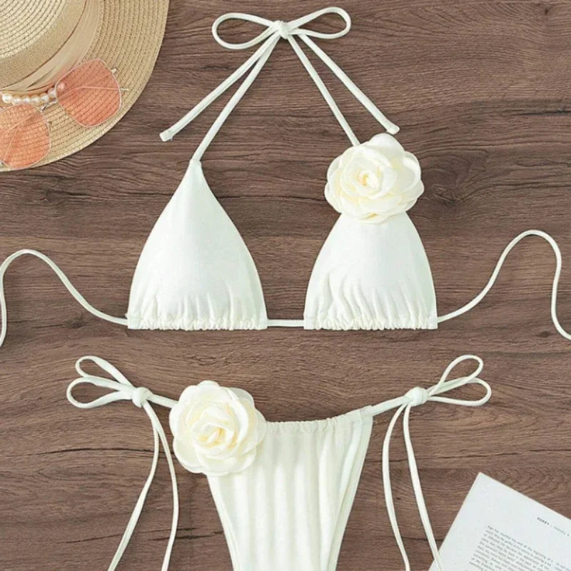 Sexy 3D Flowers Halter Strappy Bikini Swimsuit Two-pieces Bikini Set - Empire P.E