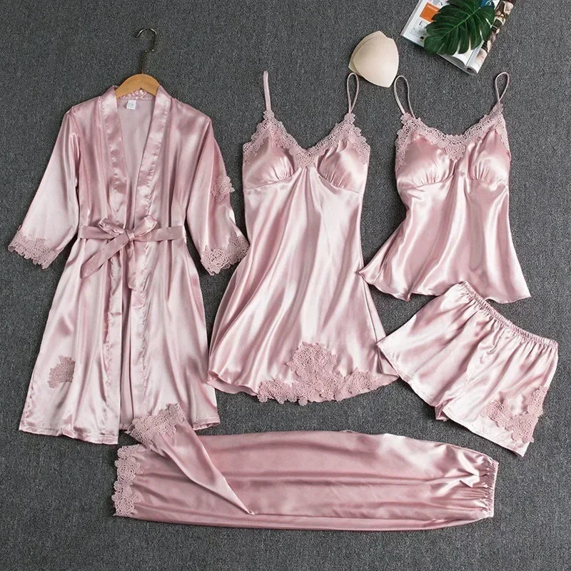 5-piece Set of Women's Sexy Silk Nightgown - Empire P.E