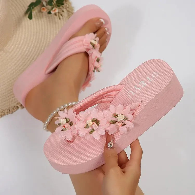 Women's Mid Heel Platform Flower Flip Flops