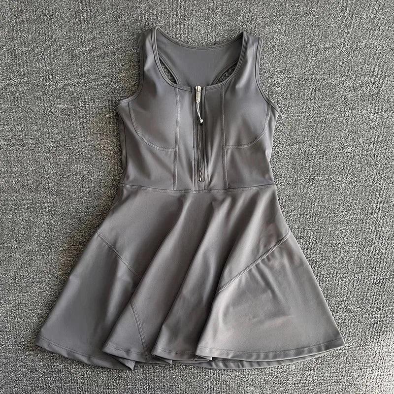 Tennis Skirt Casual Half Zipper Sports Fitness Dress Anti-Running High Waist Slim Golf Yoga Dress - Empire P.E