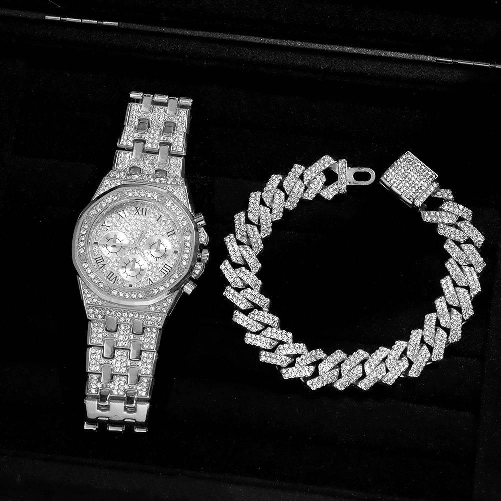 14MM Necklace+Watch+Bracelet Iced Out Watches For Men 2 Row Rhinestone Cuban Chain Necklace Set Women Men Hiphop Jewelry Gift - Empire P.E