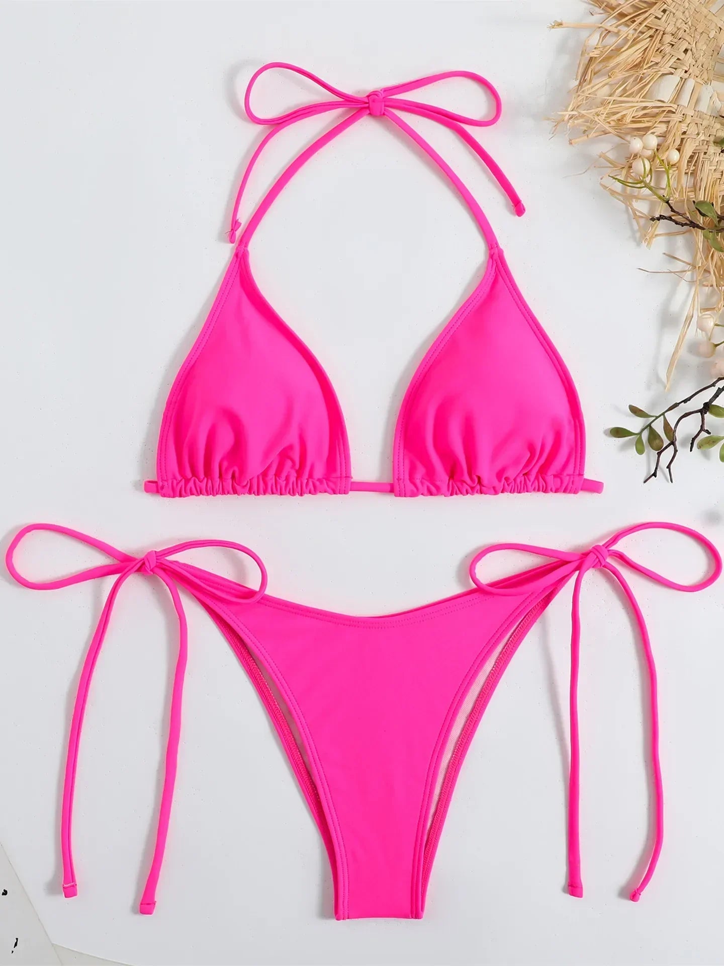 Women Solid Halter Push Up Bra Tie Side Triangle Swimsuit - Empire P.E
