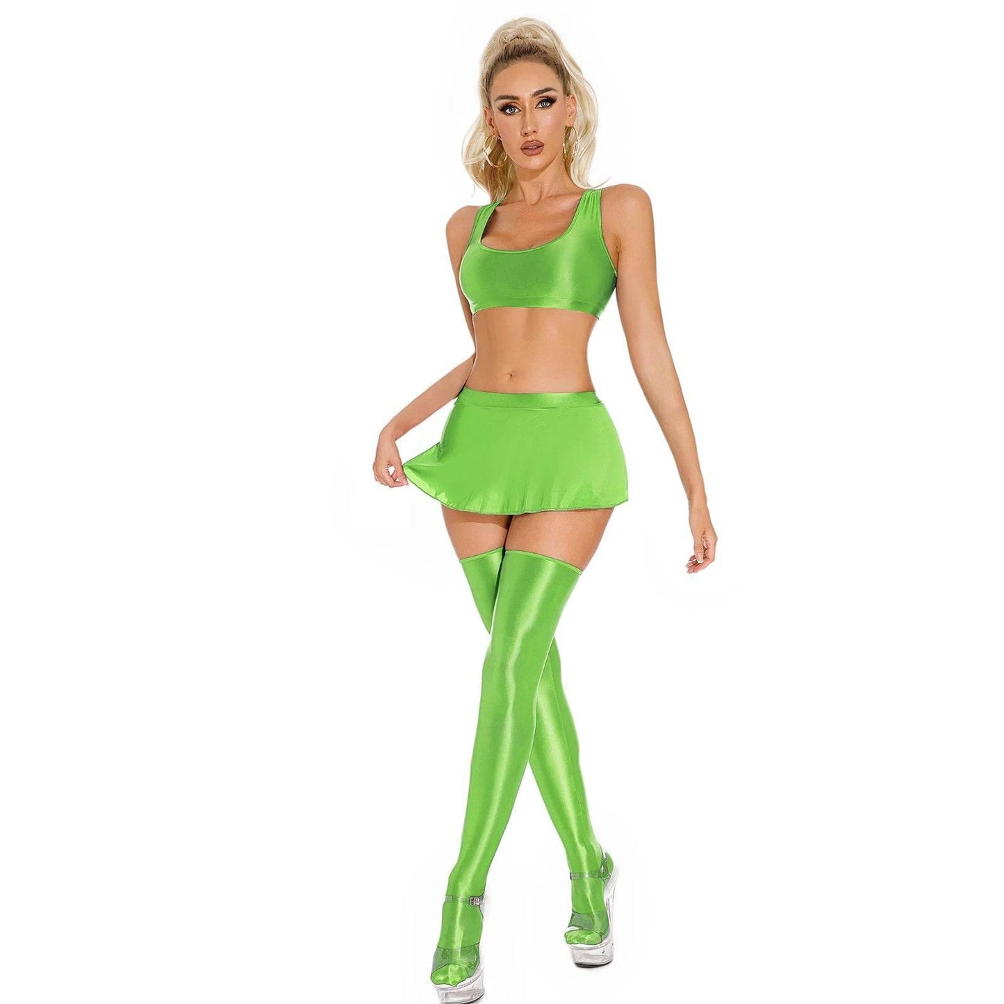 Glossy Lingerie Set Oil Shiny Tank Crop Tops With Miniskirt Stockings Outfits - Empire P.E