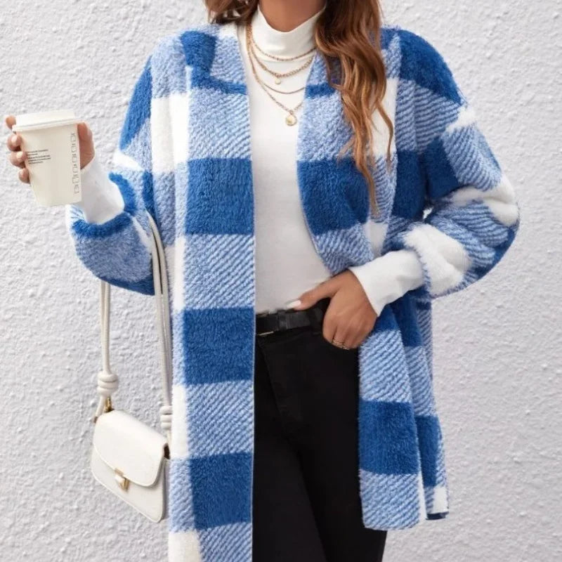 Women Autumn Winter Double Fleece Plaid Outerwear Coat