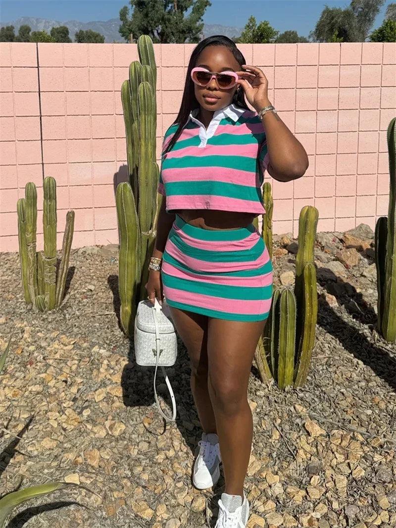 Sporty Fitness Striped Print 2 Pieces Set for Woman Streetwear Casual Turn-down Collar Shirt Crop Top and Mini Skirt Sets Summer - Empire P.E