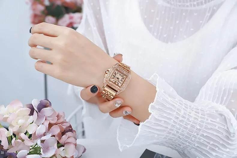 Ladies Dial Quartz Wristwatches Dress Clock Large square diamond-encrusted dial steel belt living waterproof quartz watch - Empire P.E
