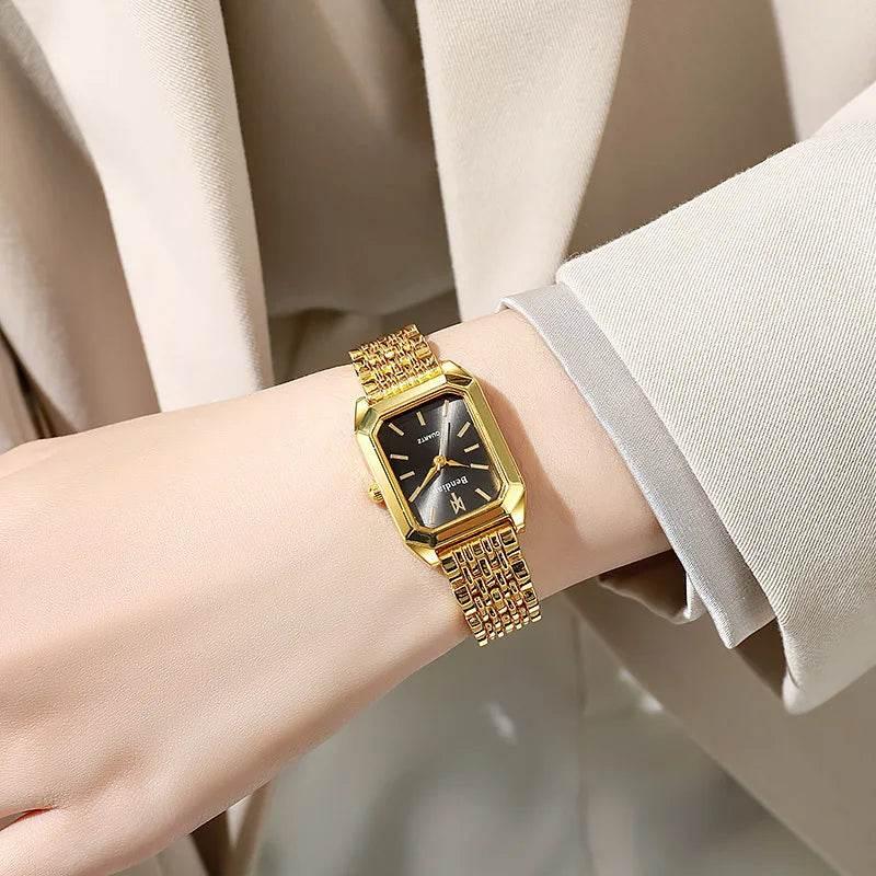 Women Watches Business Luxury Ladies Fashion Quartz Watch Simple Scale Square Quality Gold Plated Stainless Steel Folding Clock - Empire P.E