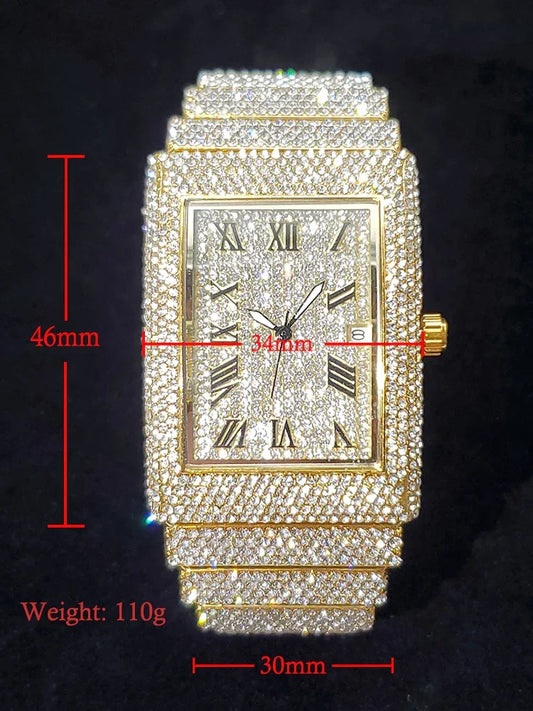 Gold Men's Watches Rectangle Dial Luxury Diamond - Empire P.E