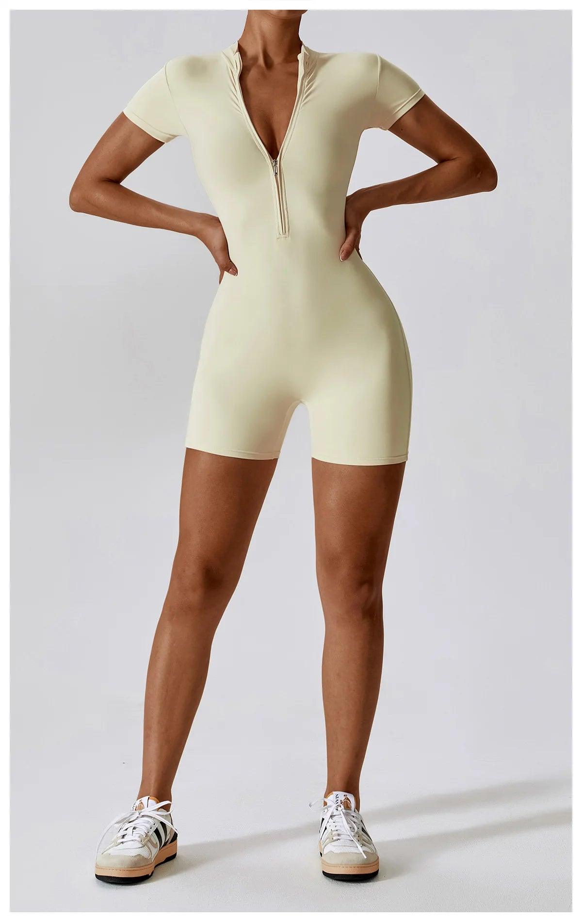 Yoga Set Women's One-Piece Suit Zipper Short Sleeve Gym Push Up Workout Clothes Fitness Short Bodysuit Sportswear Jumpsuits - Empire P.E