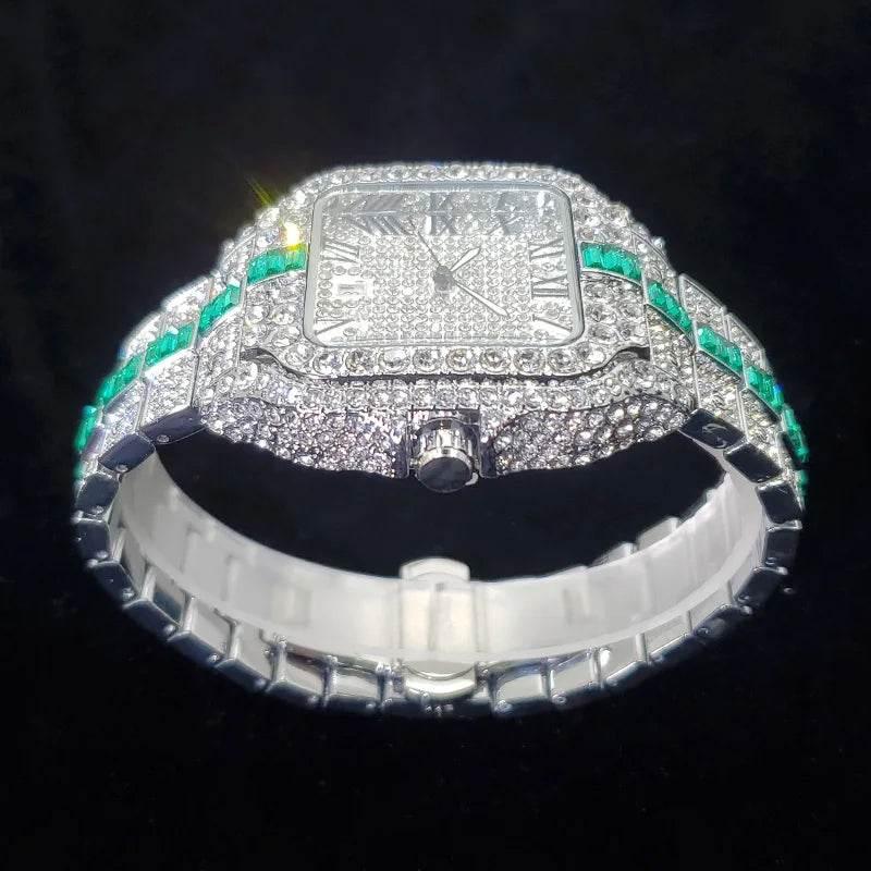 Luxury Full Diamond Watch for Men Fashion Green Iced Out Bling Square Watches Hip Hop Rap Jewelry Relogio Masculino Dropshipping - Empire P.E