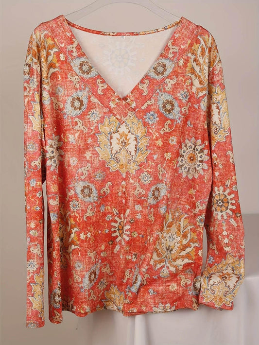 Plus Size Women's Floral Print Long Sleeve Casual V Neck Slight Stretch Top - Empire P.E