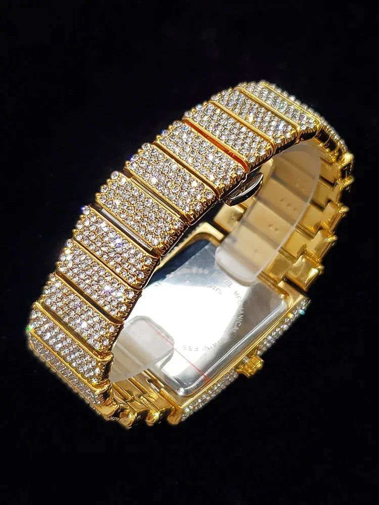 Gold Men's Watches Rectangle Dial Luxury Diamond - Empire P.E