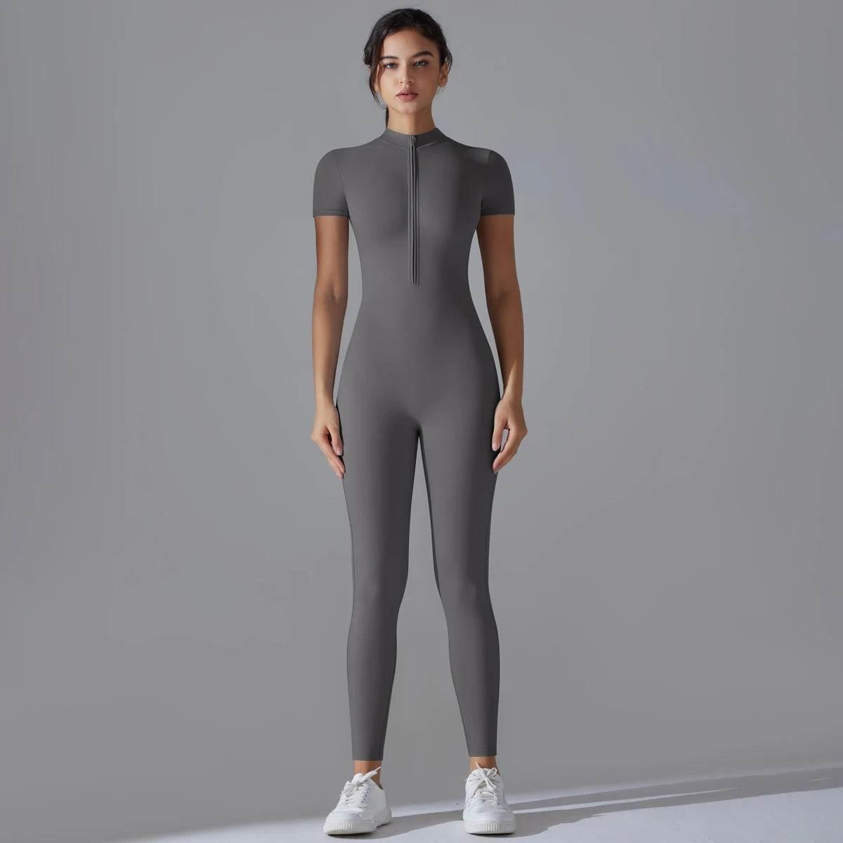 Yoga Set Women's Jumpsuits One-Piece Suit Zipper Short Sleeve Gym Push Up Workout Clothes Fitness Bodysuit Sportswear Tracksuit - Empire P.E
