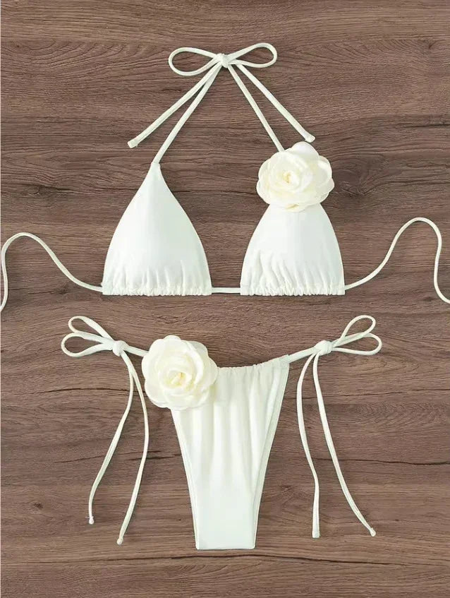 Sexy 3D Flowers Halter Strappy Bikini Swimsuit Two-pieces Bikini Set - Empire P.E