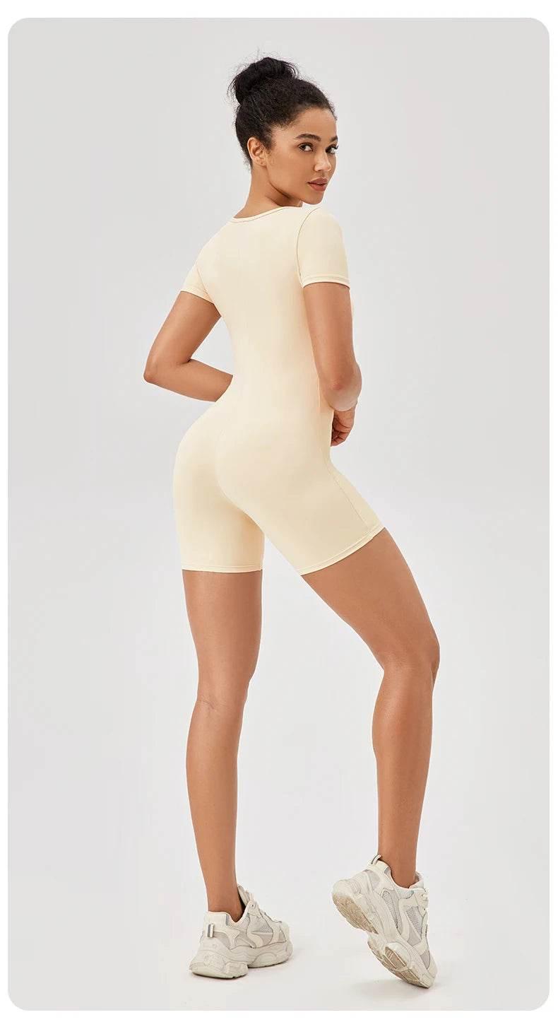 Fashion Women Yoga Suit Short Sleeve Gym Sports Jumpsuit Solid Color Workout Yoga Bodysuit Square Neck Yoga Set Sportswear - Empire P.E