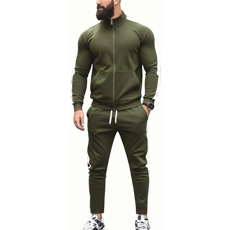 Mens Autumn Fashion Side Striped Jackets And Pants Two Piece Sets